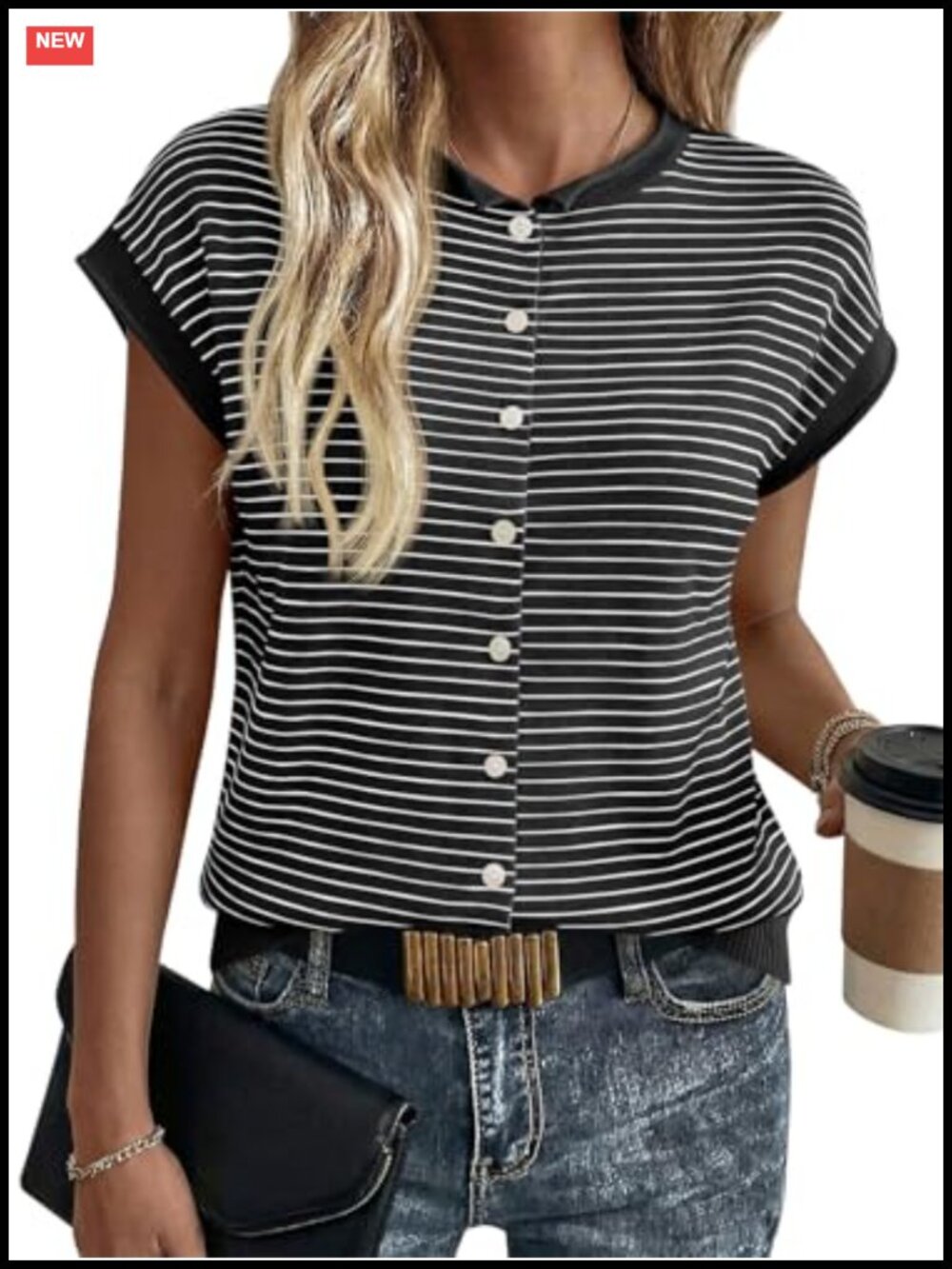 Women's Knit Cardigan Striped Cap Sleeve Button Front